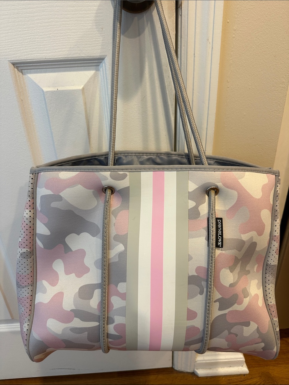 Neoprene Camo Tote in Pink and Gray with Stripe Detail